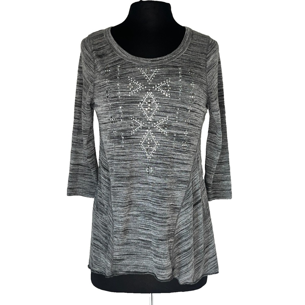 Studded Swing Tunic Top 3/4 Sleeve Gray Marled Women's Medium Unity World Wear